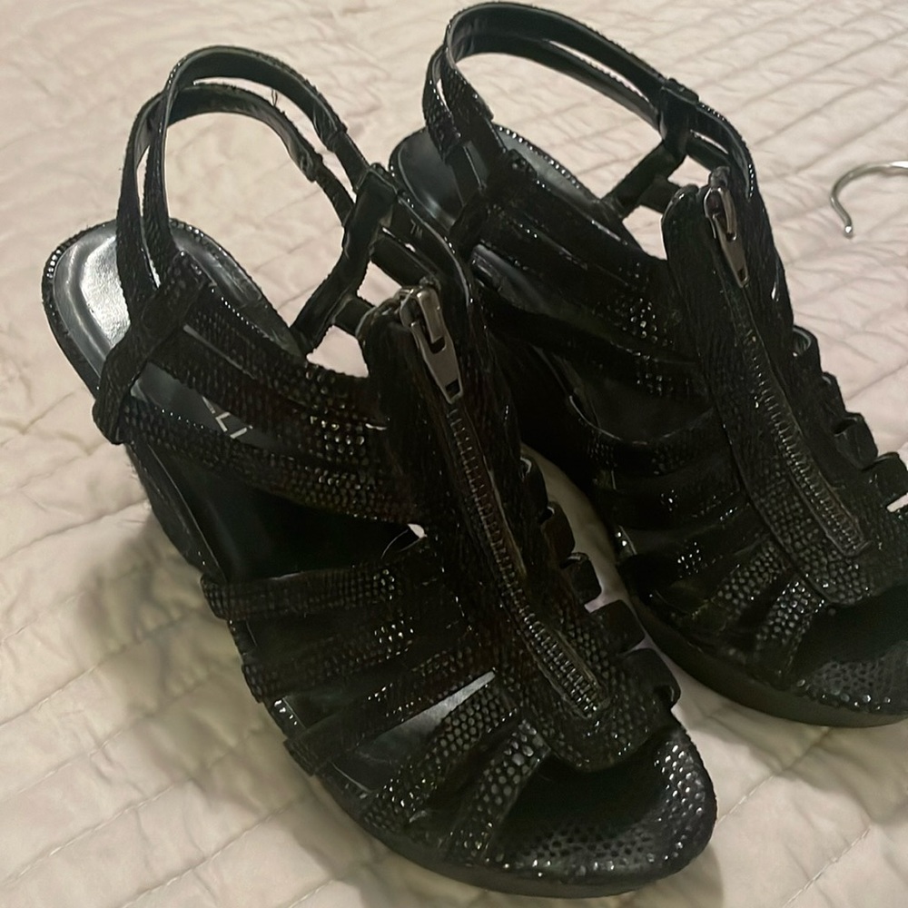 Vanelli Black Leather Sparkle Wedge Sandles size 7